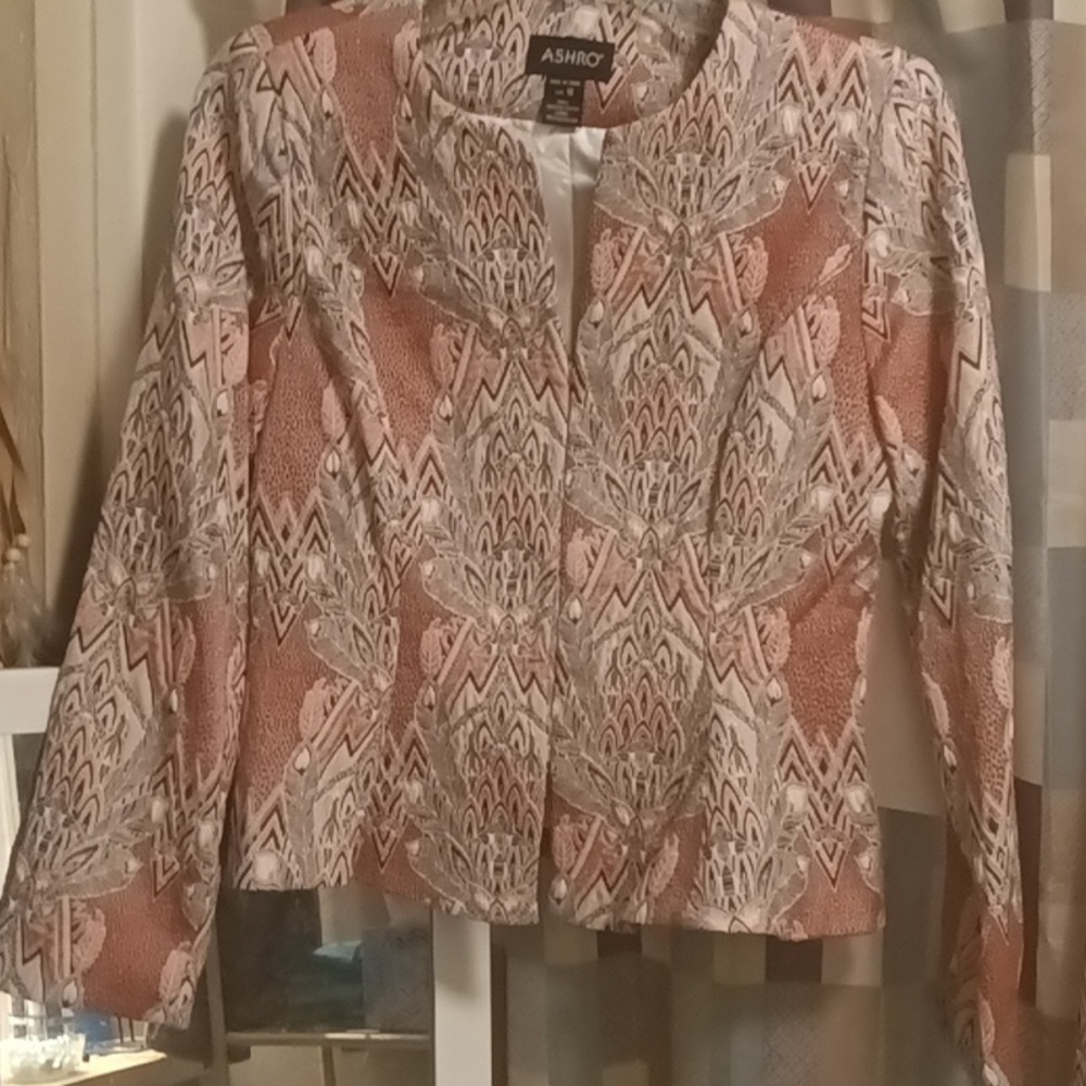 NWT FINAL PRICE ASHRO multi-colored foliage print 2-pc suit w slit - Picture 3 of 14